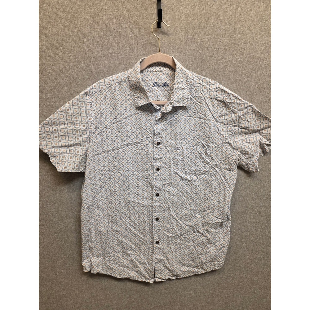 Tasso Elba Mens XL Blue Tan Geometric Tile Print Cotton Short Sleeve Button Down